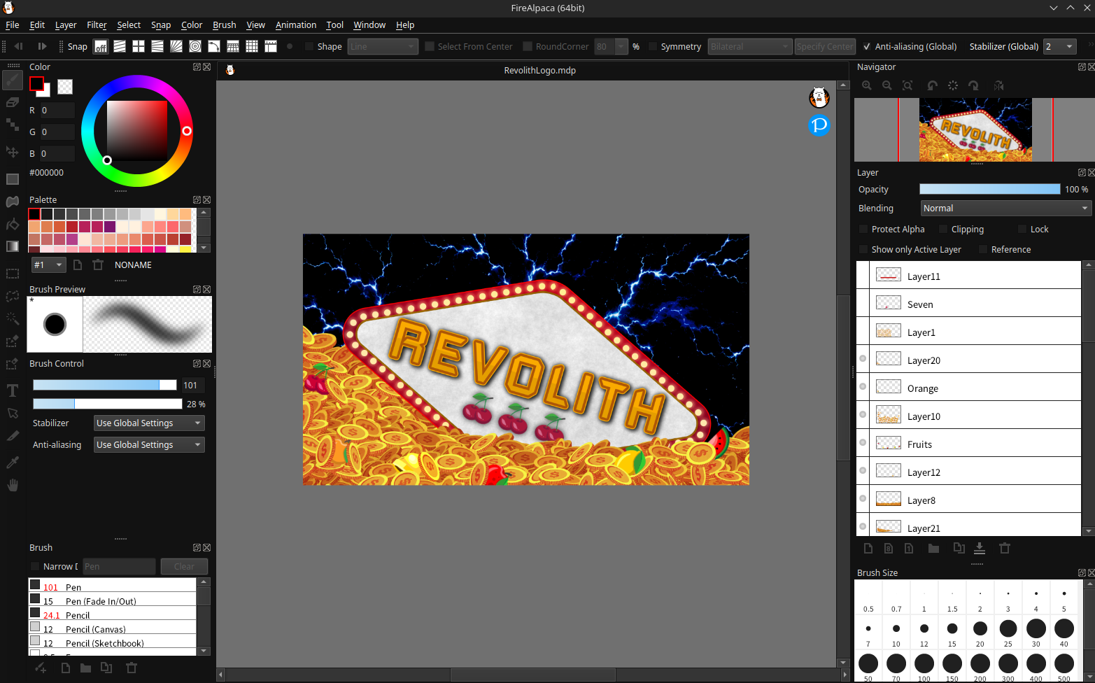 Early work-in-progress screenshot of the Revolith logo being drawn in FireAlpaca